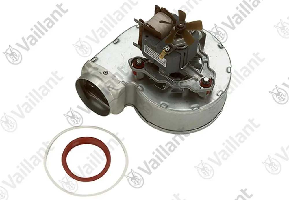 Vaillant Gebläse mit einem motorisierten Lüfter, Metallgehäuse und Dichtungsringen, geeignet für Heizungsanwendungen.